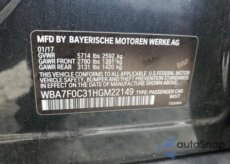 2017 BMW 750 from USA, damaged, VIN WBA7F0C31HGM22149